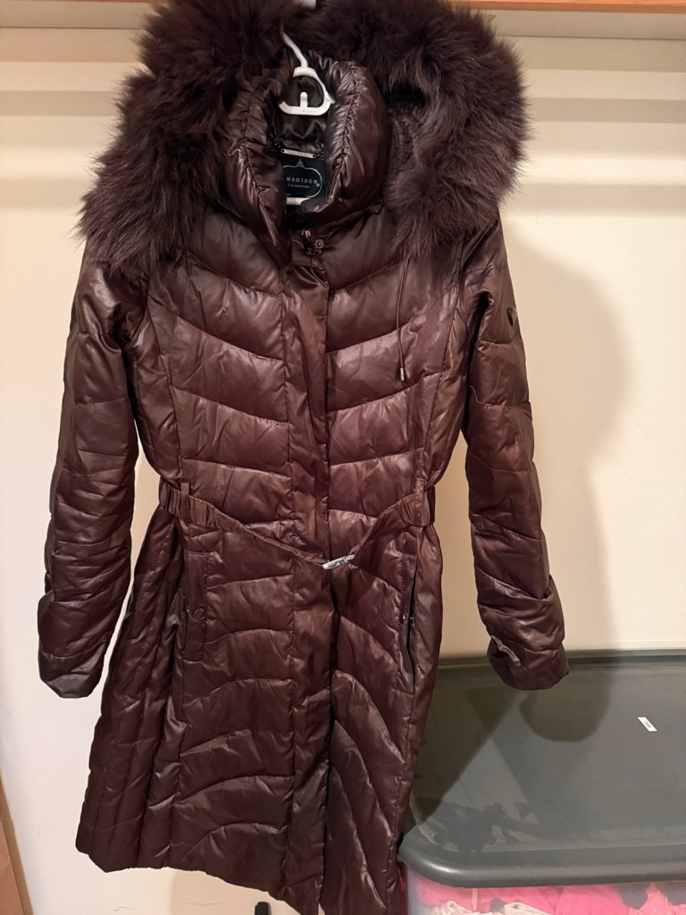 Madison Chocolate Brown Quilted Long Puffer Coat with Faux Fur Hood